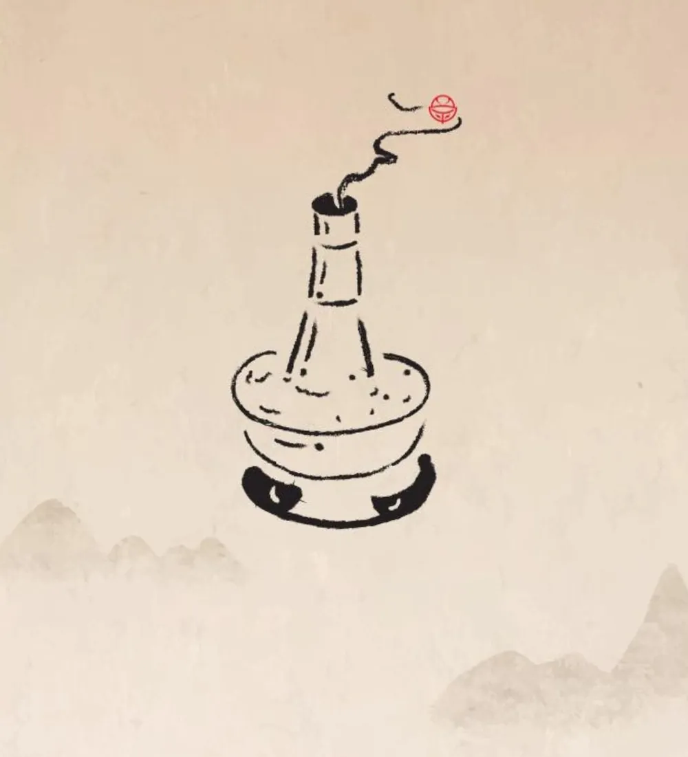 水墨畫的煙囪銅鍋,遠處是山